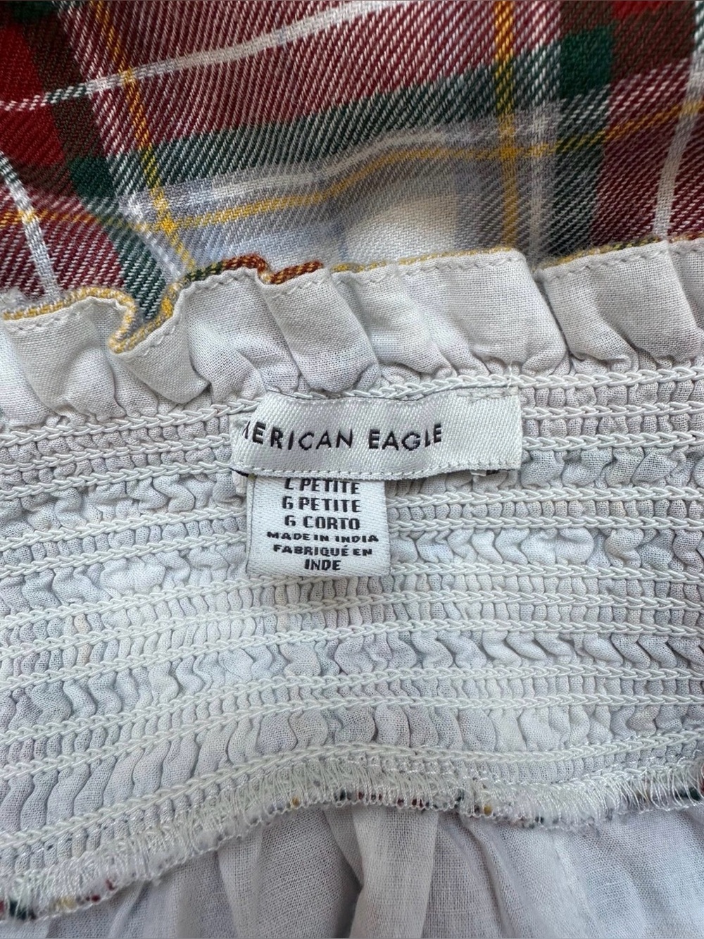 American Eagle Outfitters Plaid Smocked Peasant Dress in Red, Green, White - Picture 6 of 8